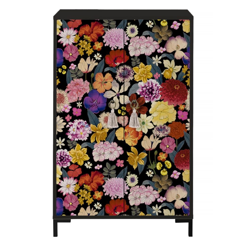 Buffet en MDF 2 portes décoratives motif Noir, fleurs multicolores