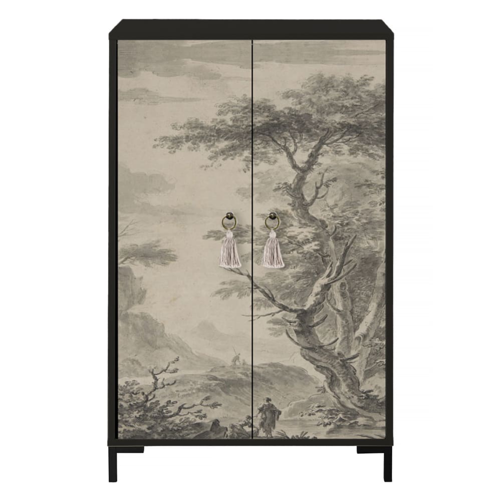 Buffet en MDF 2 portes décoratives motif Gris sépia vintage