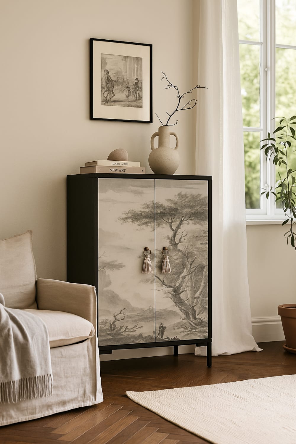 Sideboard aus MDF mit 2 dekorativen Türen, Motiv Vintage