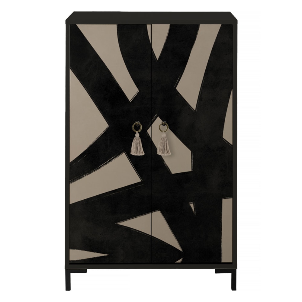 Buffet MDF 2 portes décoratives motif noir graphique taupe