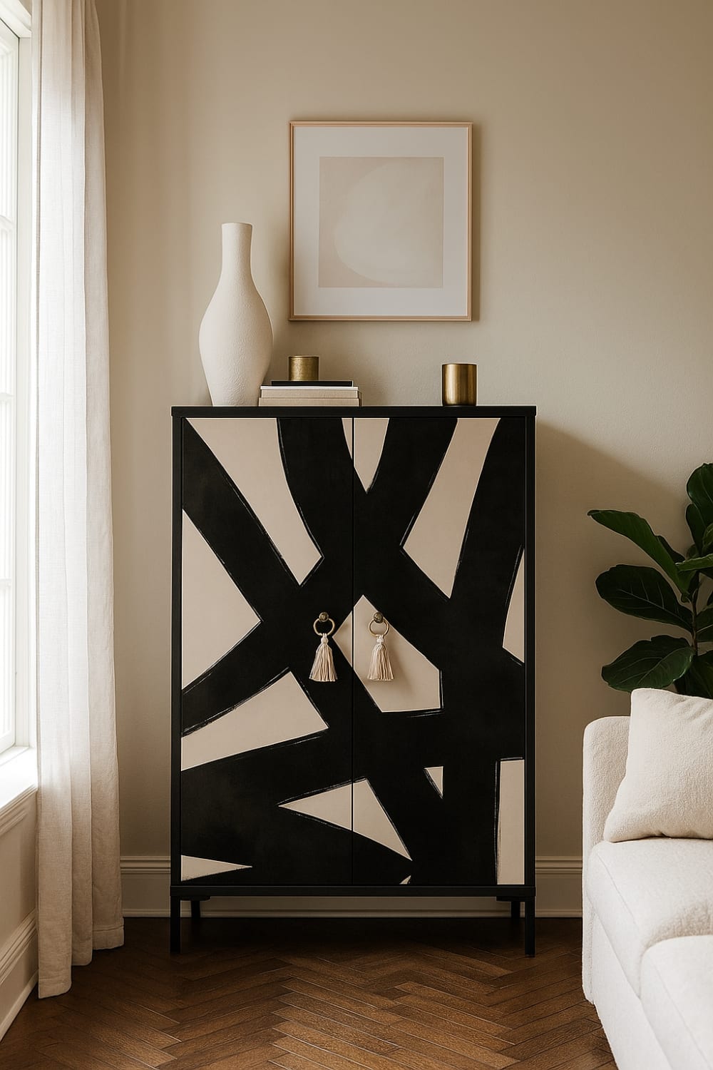 Buffet MDF 2 portes décoratives motif noir graphique taupe