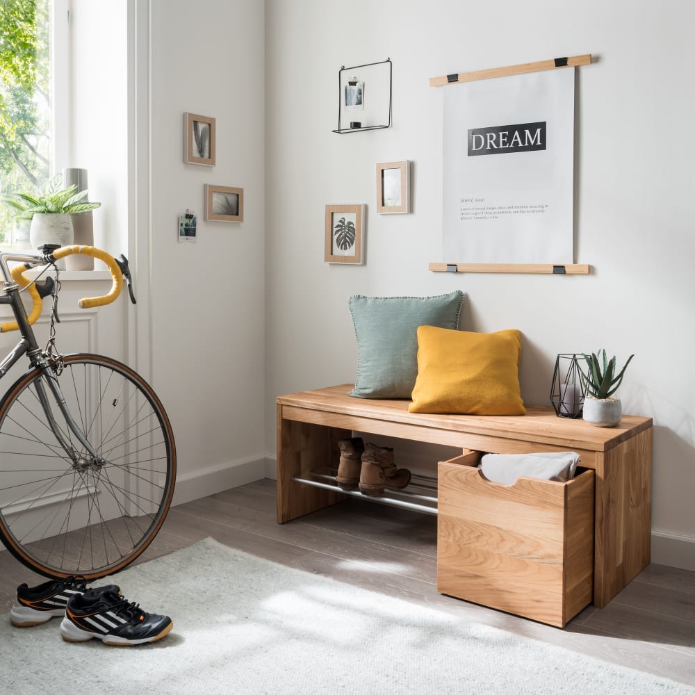 Banc à chaussure avec 1 cube de rangement en hêtre massif