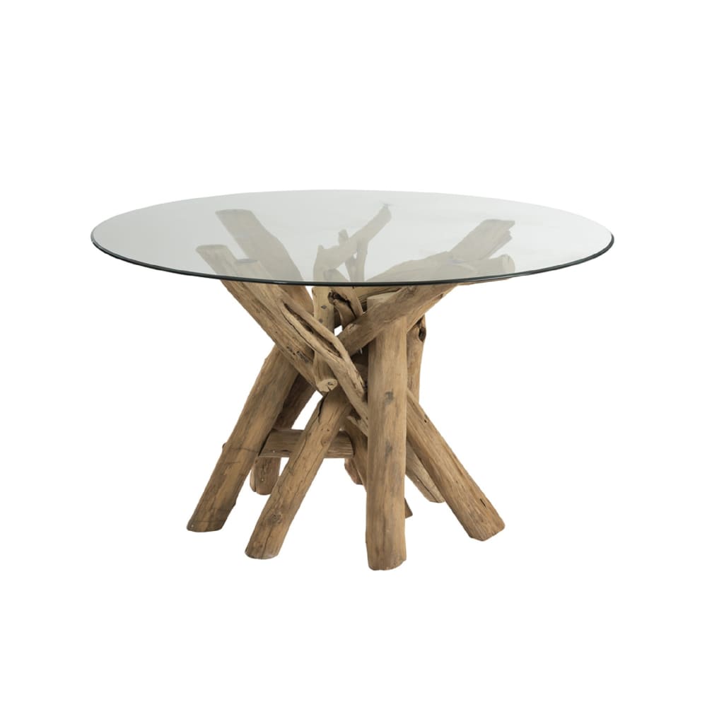 Table ronde en verre et bois flotté