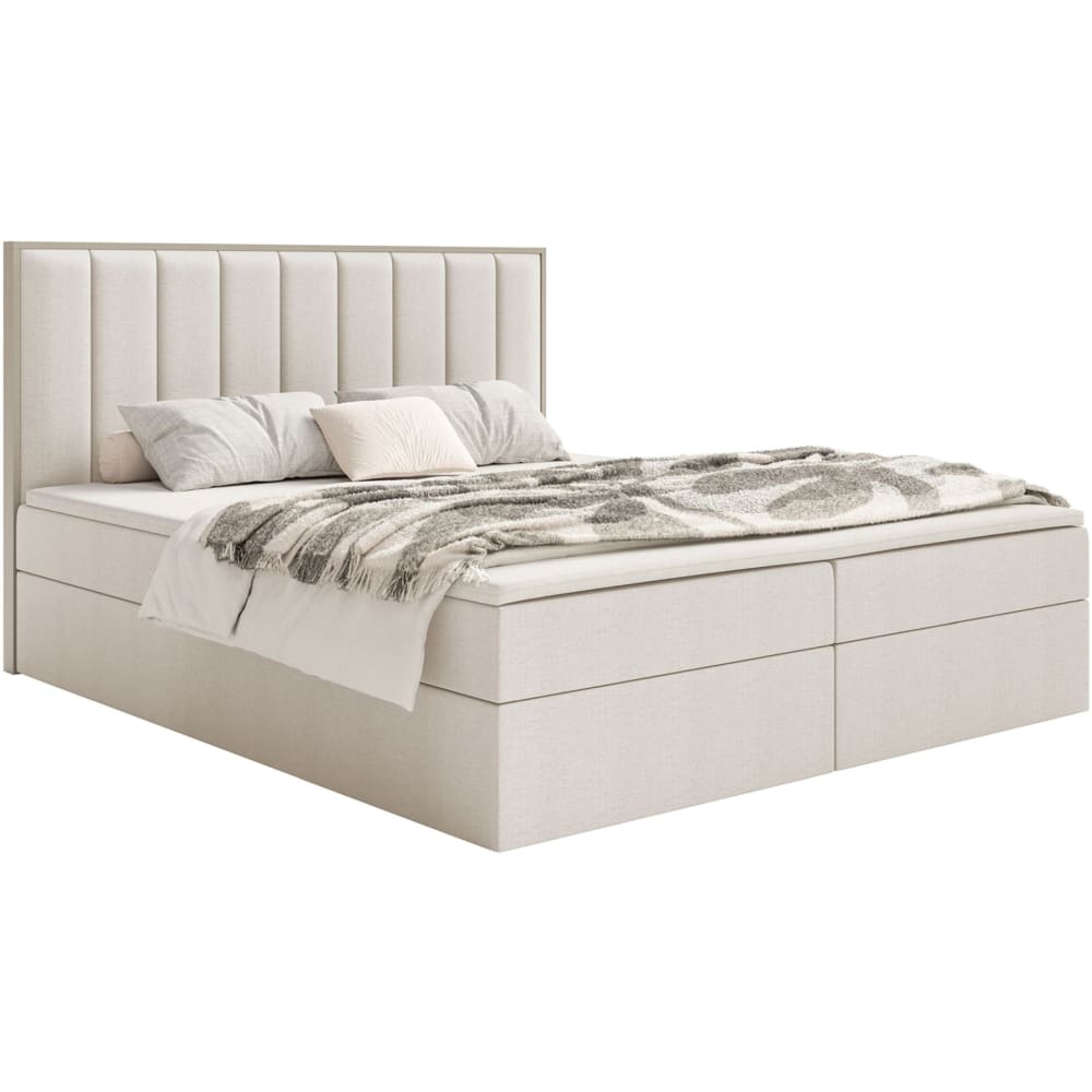 Lit boxspring 180x200 avec rangement, surmatelas, beige clair