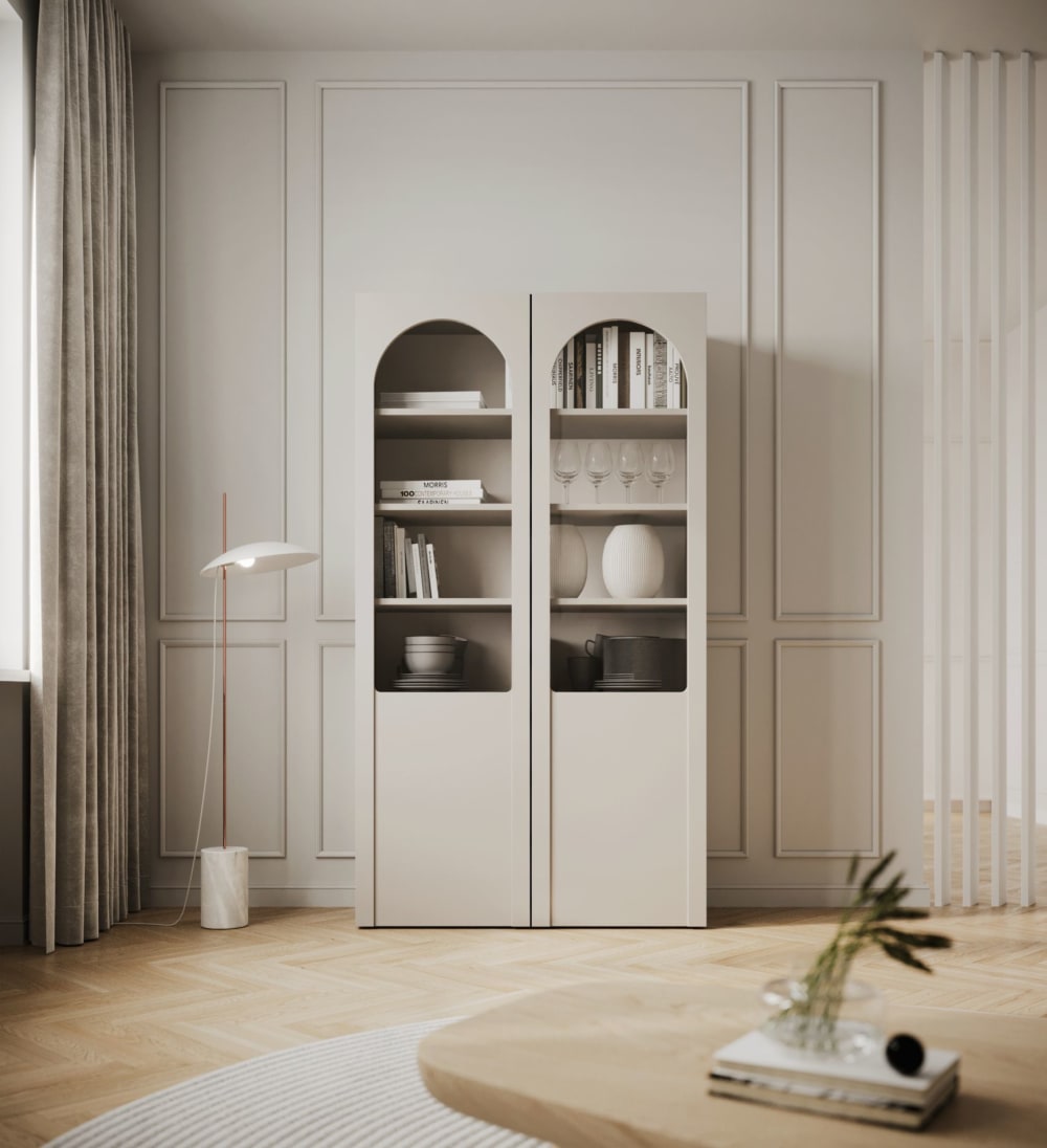 Vitrine mit Bogentüren und Glasfronten, Kaschmirgrau - Maisons Du