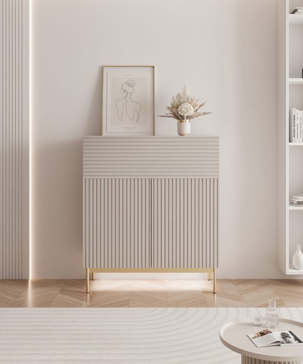 Highboard mit 2 Türen, Klappfach und LED, Kaschmirgrau 92 cm -