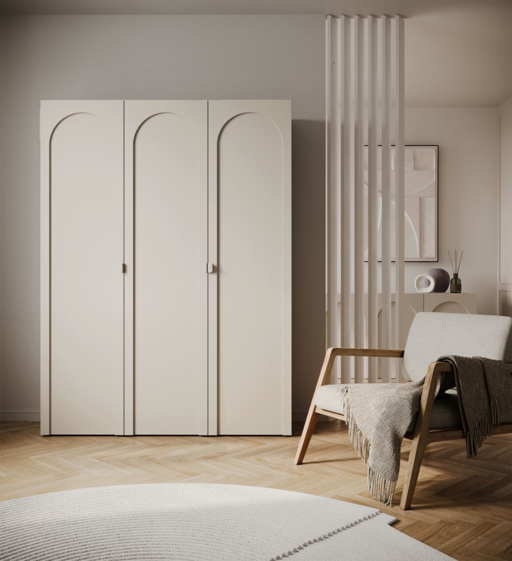 Armoire 3 portes à façades rainurées en arc, gris cachemire, 150 cm