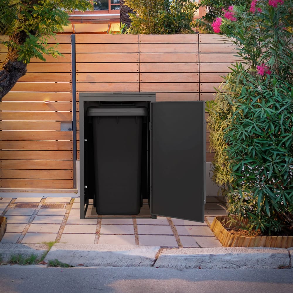 Mülltonnenbox 1er 240L 68x80x120 cm Anthrazit-Holzoptik aus Stahl