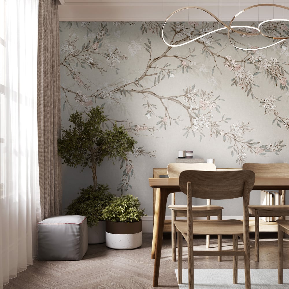 Fresque panoramique beige branche fleurie 300x280cm