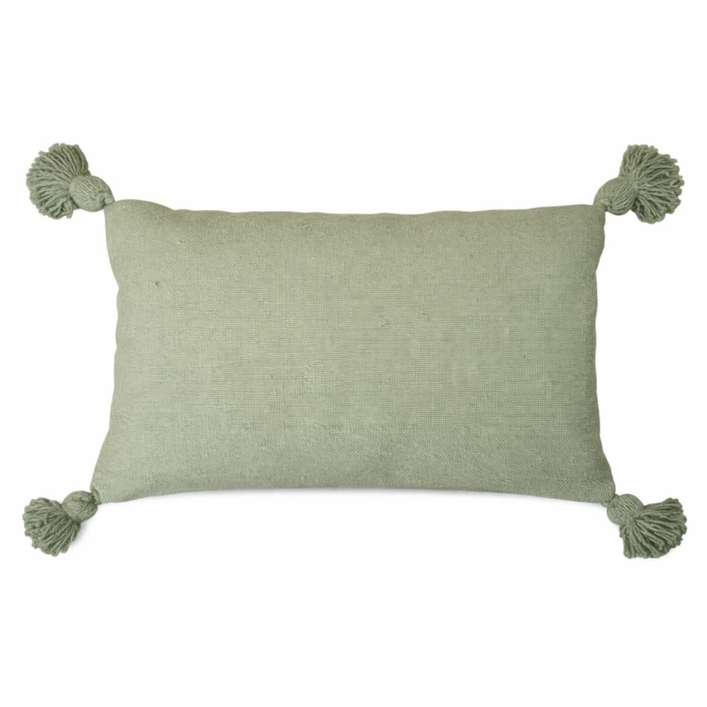 Housse de coussin en laine à pompons vert 70 x 40