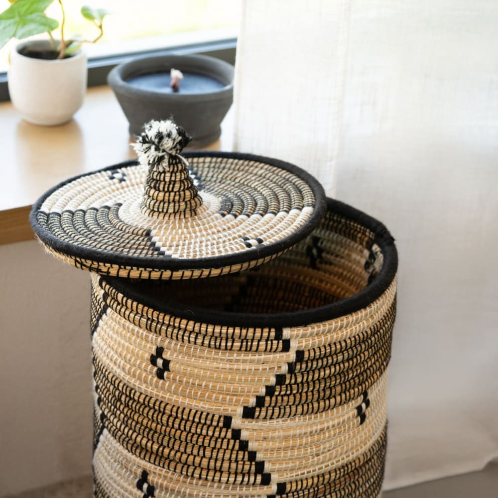 Panier à linge motifs ethniques en fibres naturelles - 40 x 60