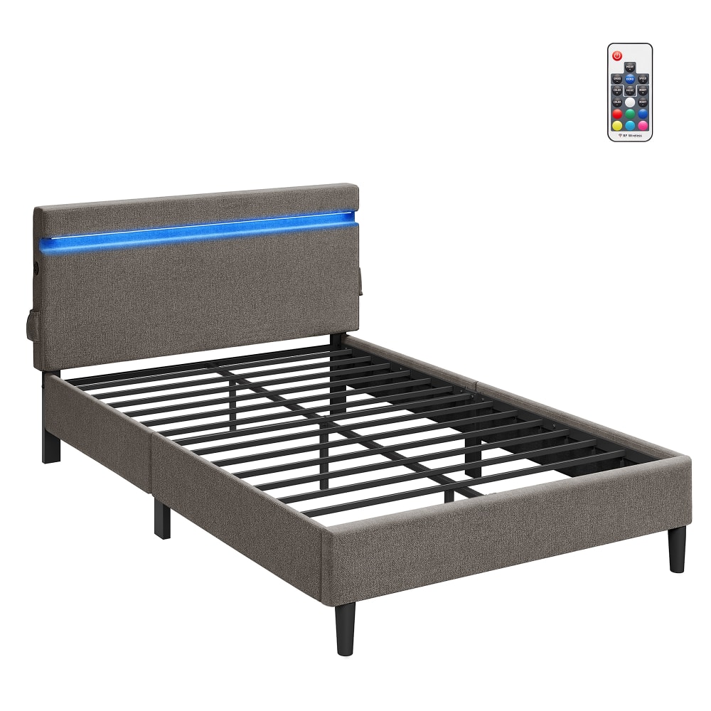 Lit double 140 x 190 cm en métal avec tête de lit couleur grise