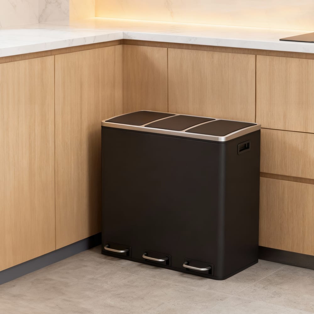 cubo de basura para cocina de 3 compartimentos de acero negro