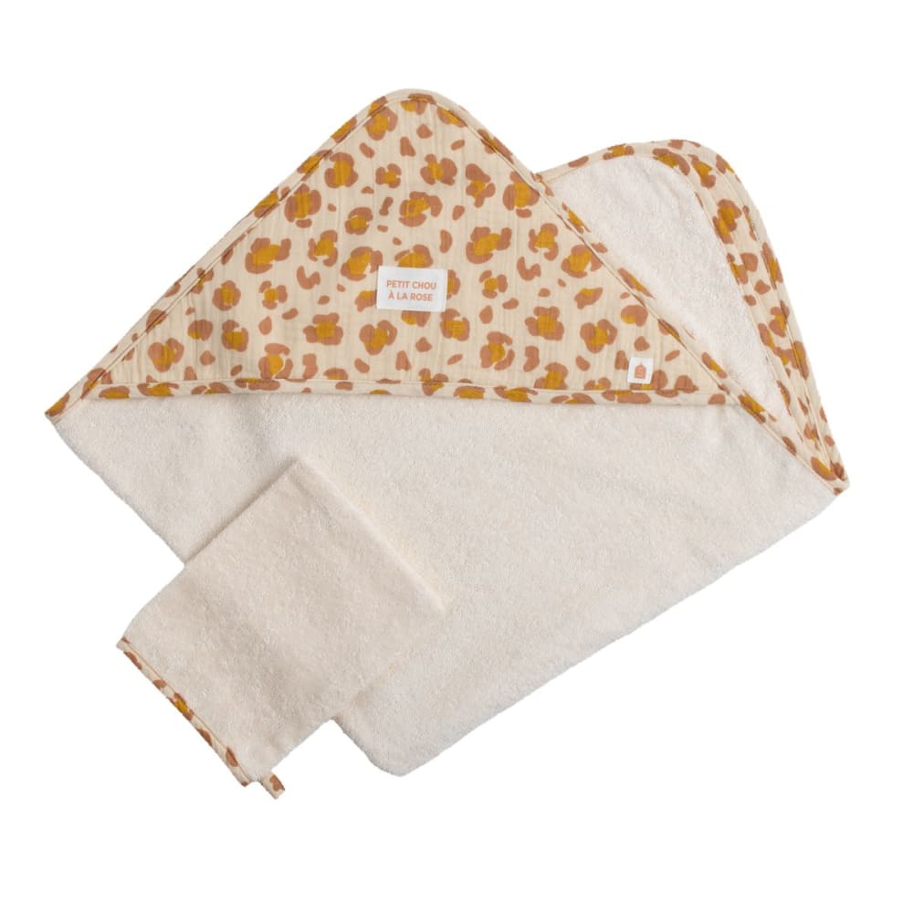 Sauthon Baby-Badecape aus Baumwoll-Musselin mit Waschlappen im Leopardenmuster ROSA BAUMWOLLE Baby