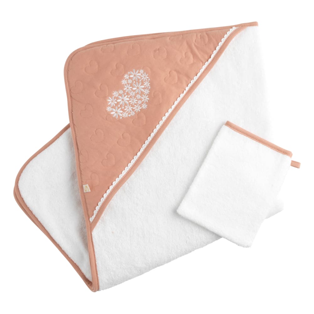 Cape de bain et gant en coton matelassé et éponge