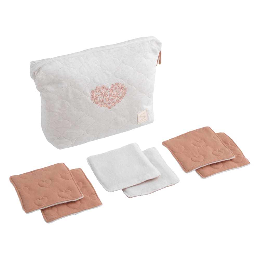 Trousse de toilette en coton matelassé et 6 carrés éponge
