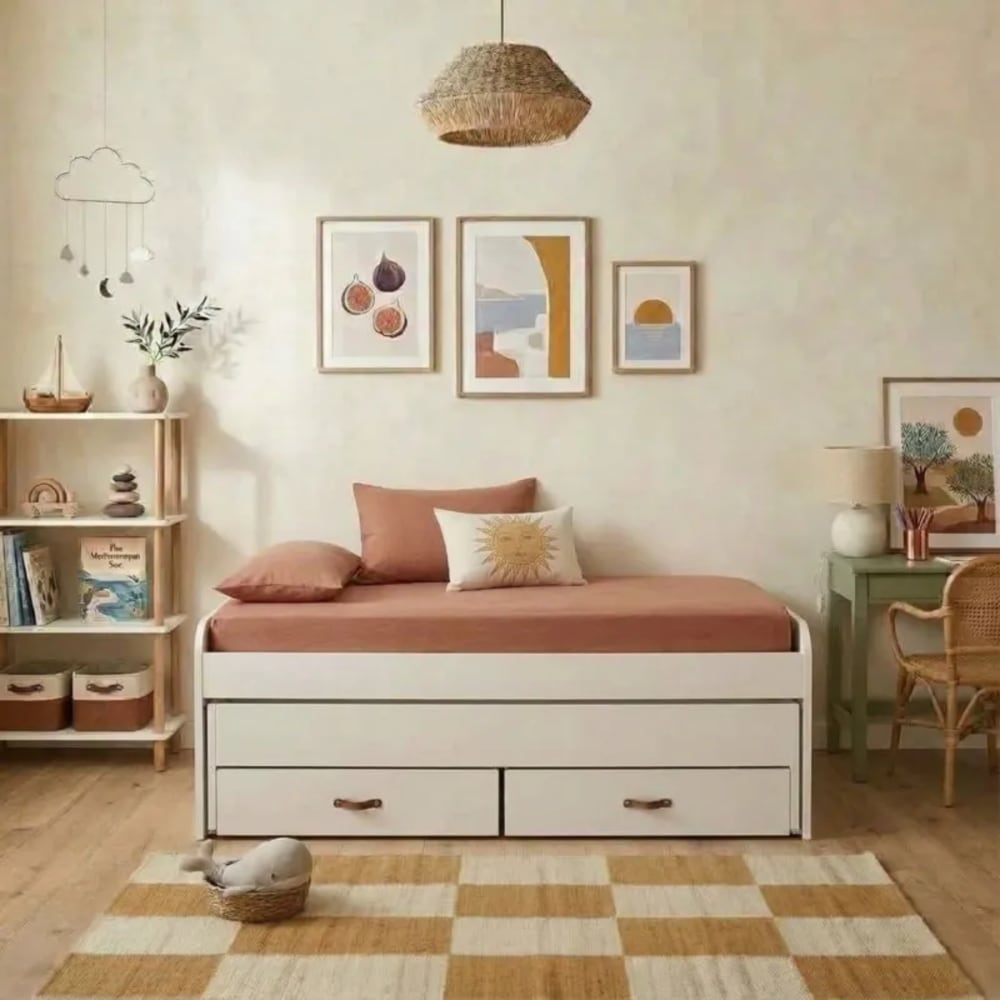 MueMue Bett + 2 einzelne Schubladen + Matratze weiß 105x200cm Spanplatte Baby