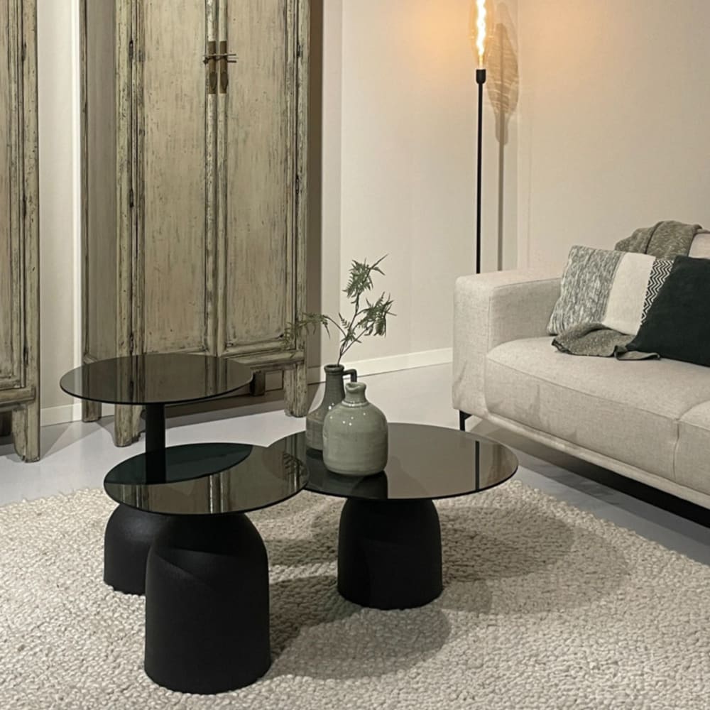 Couchtisch D70 cm schwarzem Glas und lackiertem Stahl - Maisons