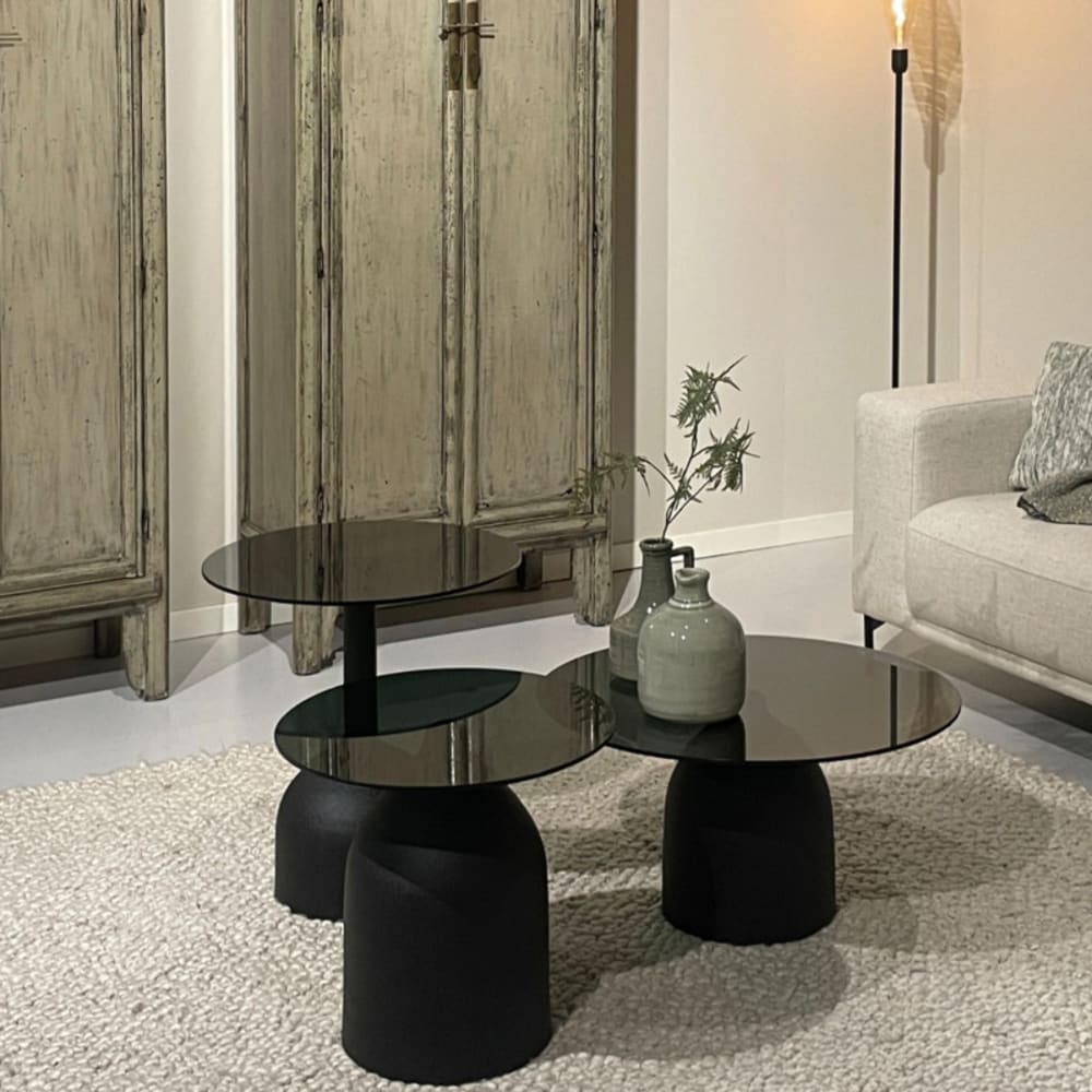 Couchtisch D50 cm schwarzem Glas und lackiertem Stahl - Maisons