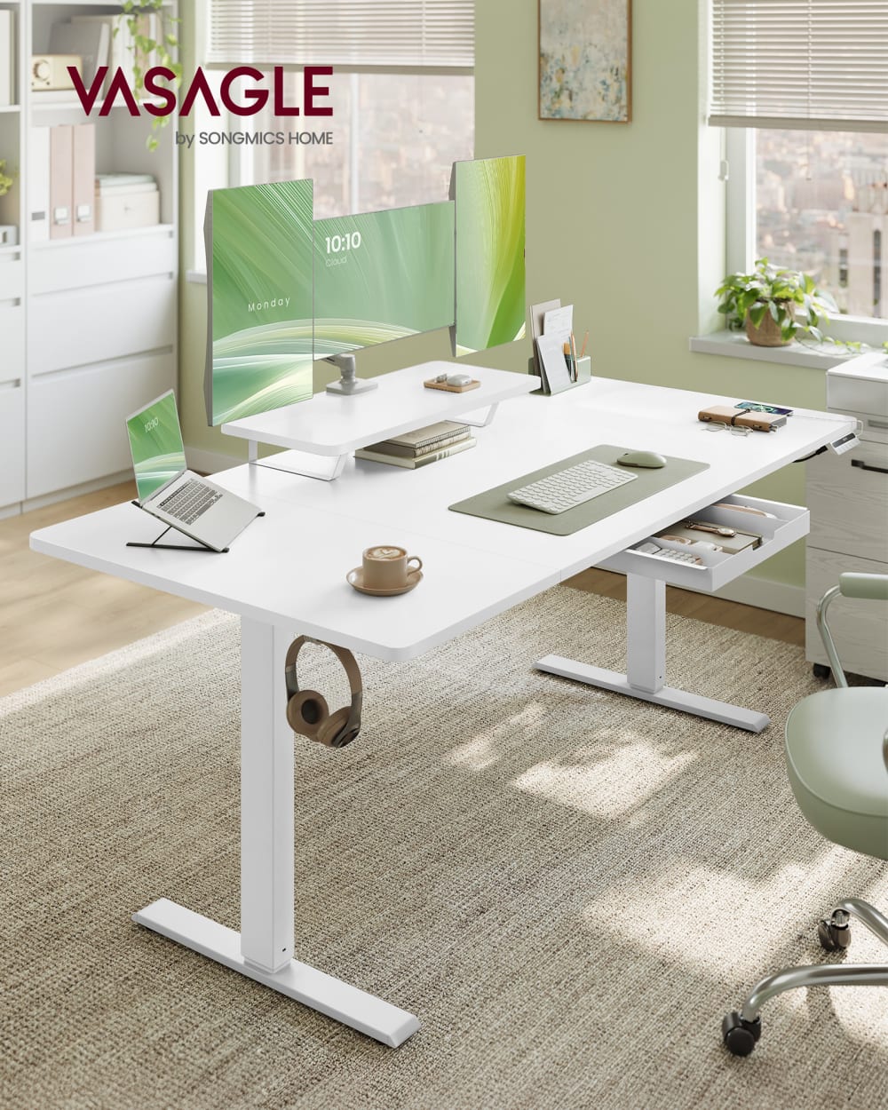 Bureau électrique réglable en hauteur support 160 x 80 cm blanc