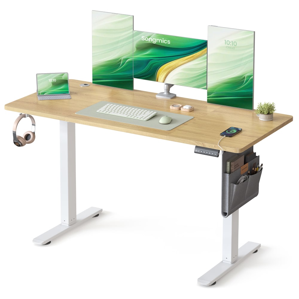 Bureau réglable en hauteur fonction mémoire 140 x 60 cm doré et blanc