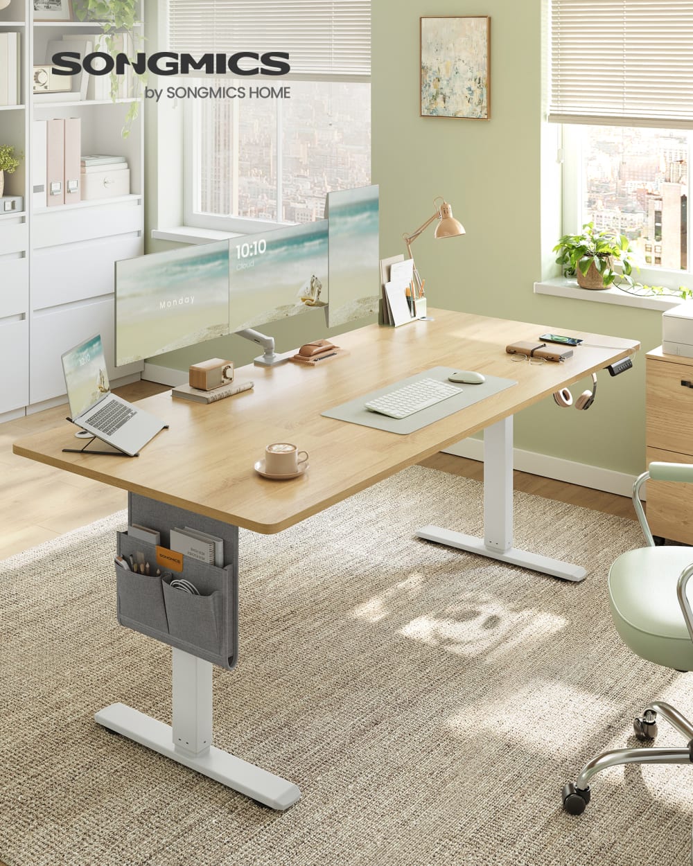 SONGMICS Bureau réglable en hauteur fonction mémoire 180 x 80 cm doré et blanc