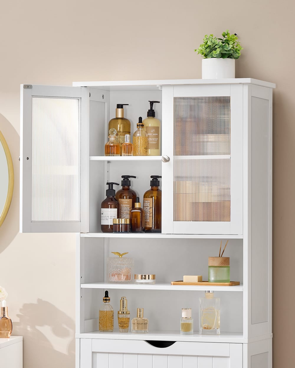 Armoire de salle de bain avec étagères réglables tiroir blanc nuage