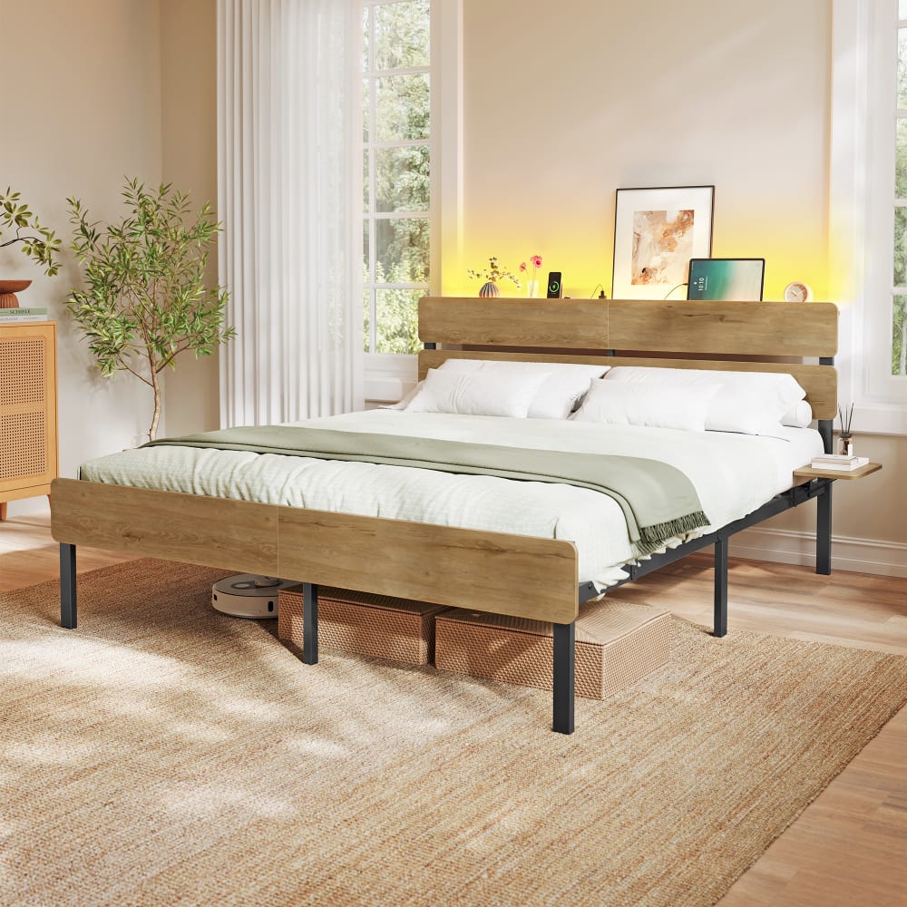 Cadre de lit 160 x 200  lit 2 personnes éclairage led marron