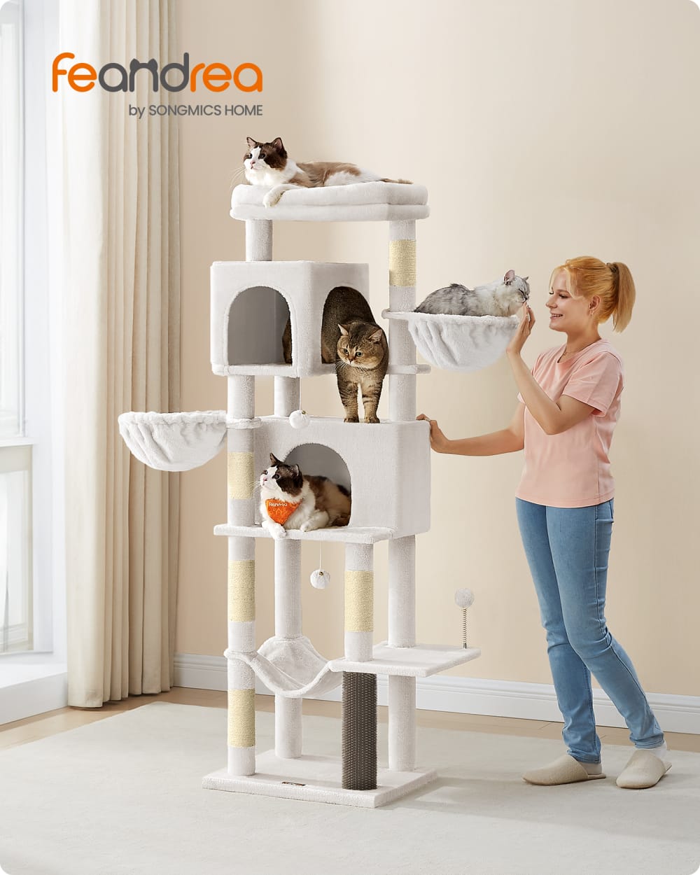 Grand arbre à chat 175 cm perchoir hamac blanc crème