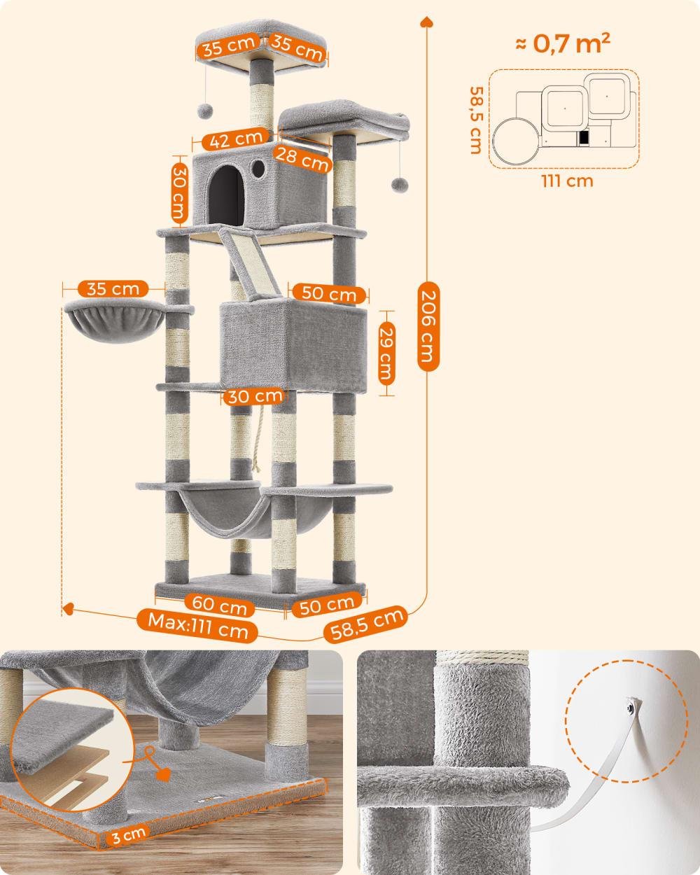 Arbre à chat avec 2 niches et 2 plateformes gris clair