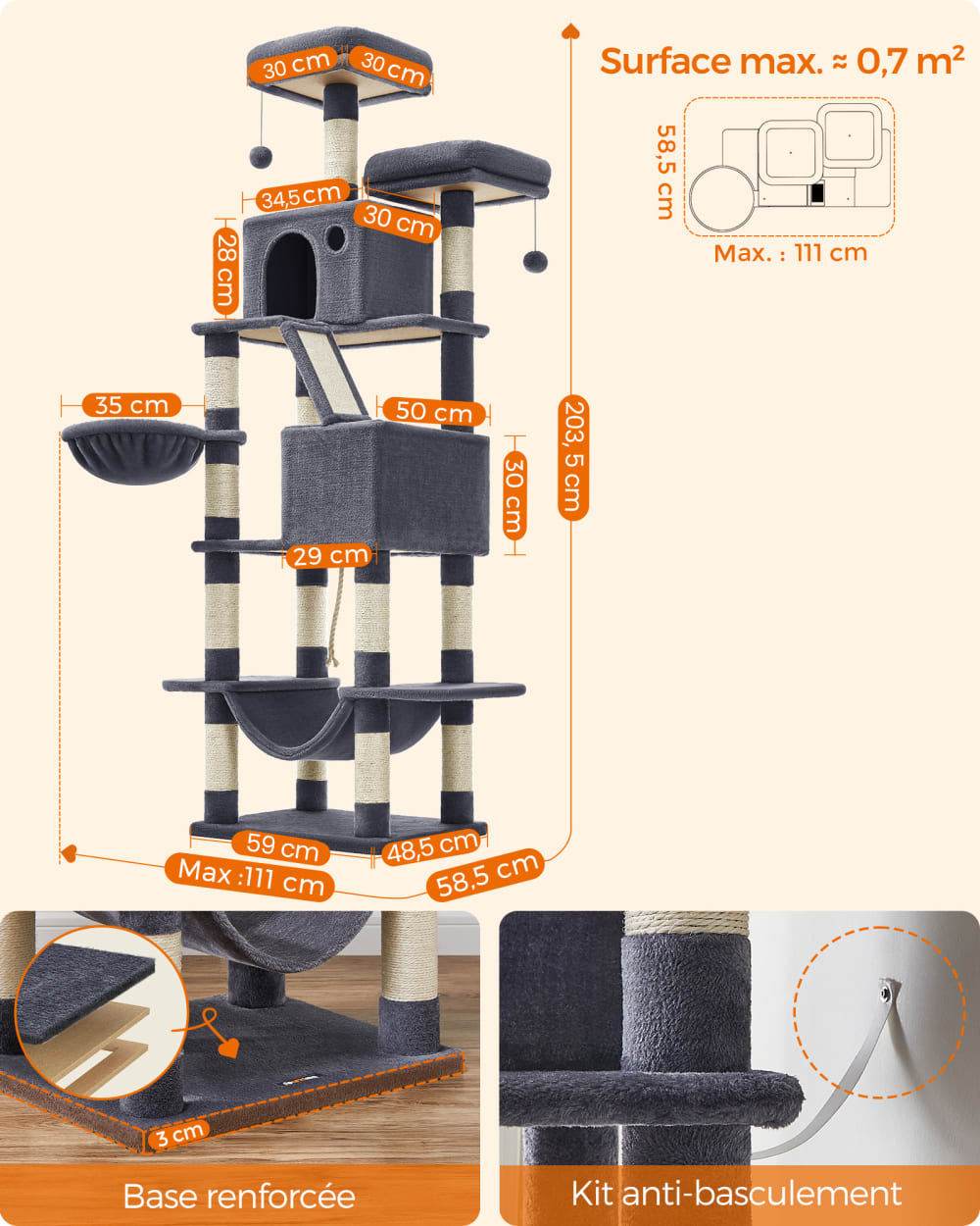 Arbre à Chat  multi-niveaux pour chat d'Intérieur, gris anthracite