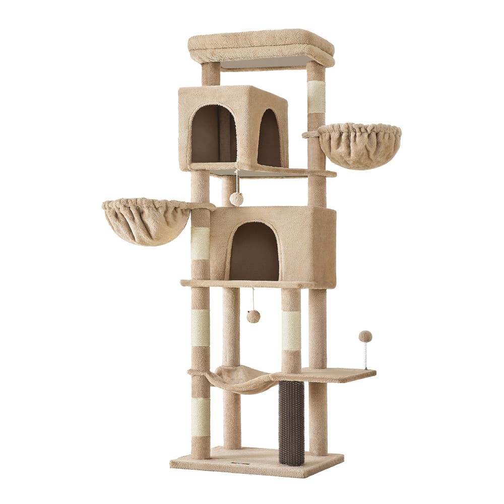 Grand arbre à chat 175 cm 2 niches 5 griffoirs perchoir marron camel