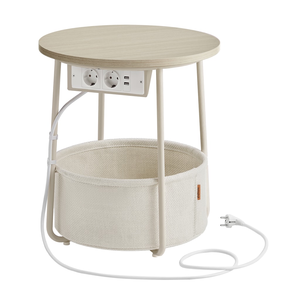 Petite table basse ronde avec panier et multiprise rangement beige