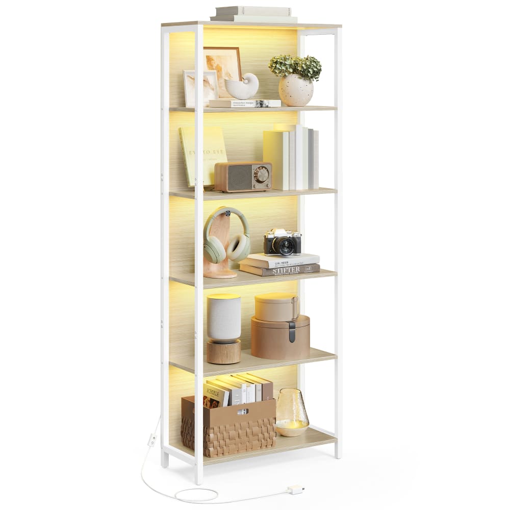 Bibliothèque sur 6 niveaux avec avec panneau arrière beige et blanc