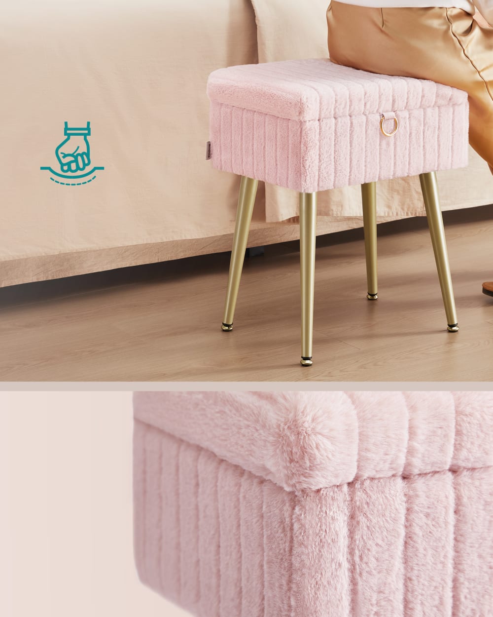 Tabouret de coiffeuse rembourré avec rangement réglable en métal rose