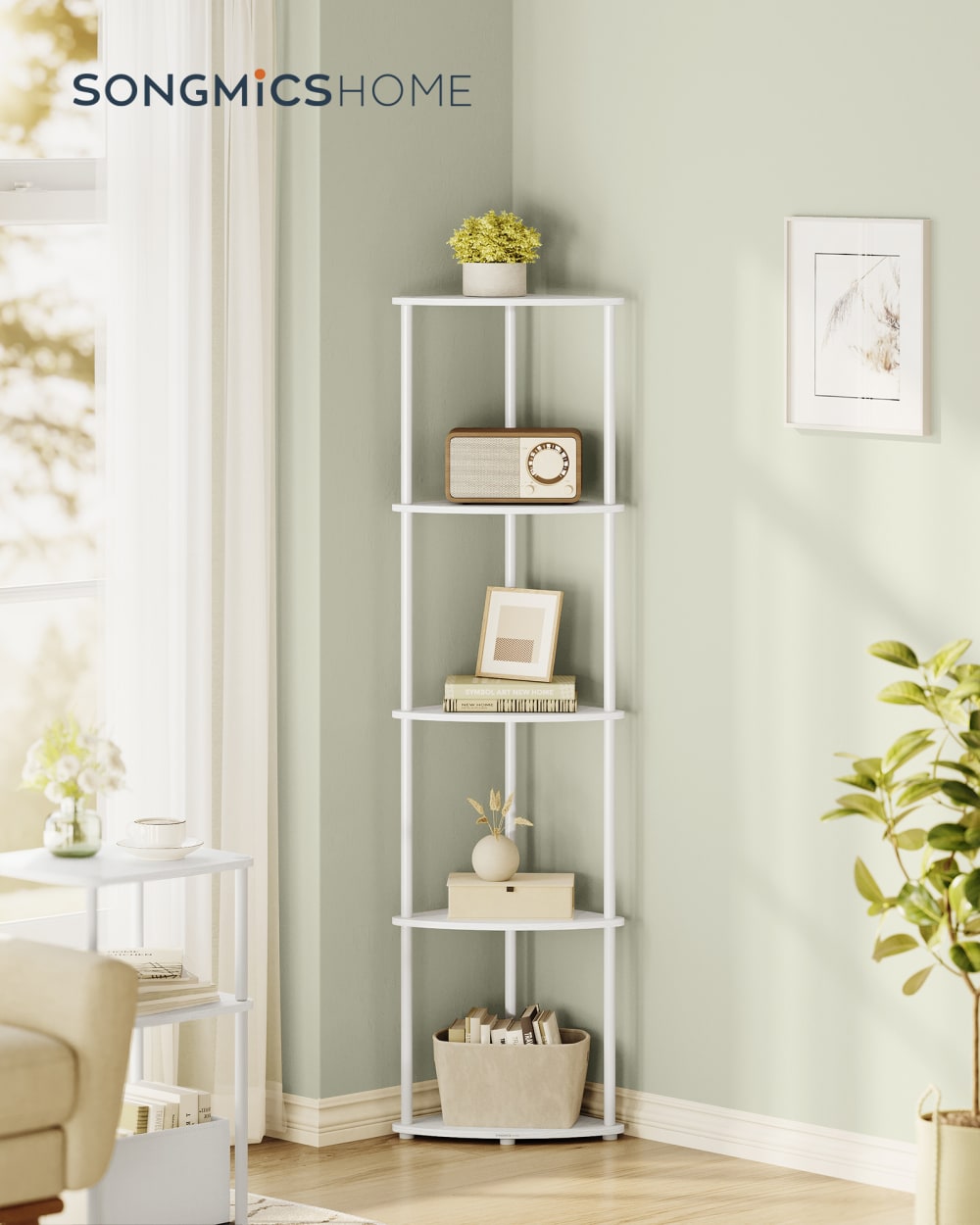 Étagère d'angle avec 5 niveaux pour salon chambre cuisine blanc