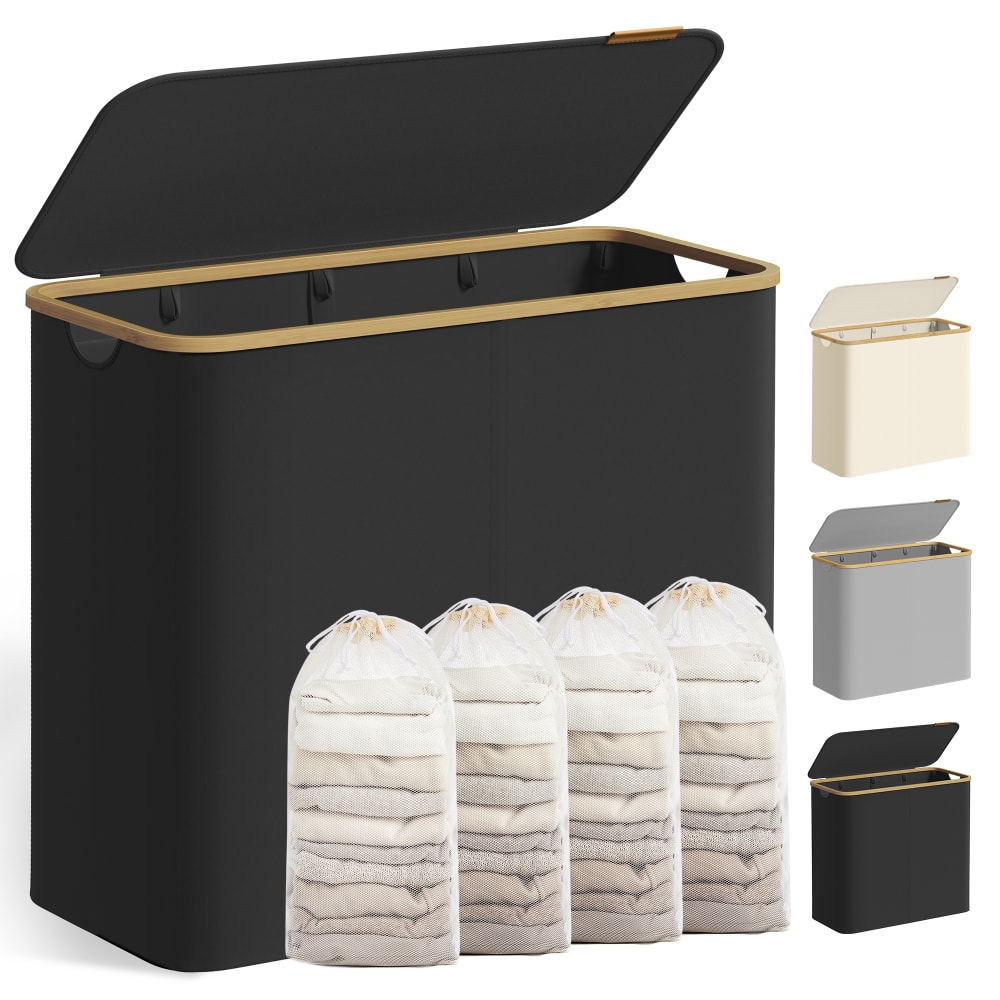 Panier à linge avec couvercle à4 compartiments 200l tissu oxford noir — Beyit