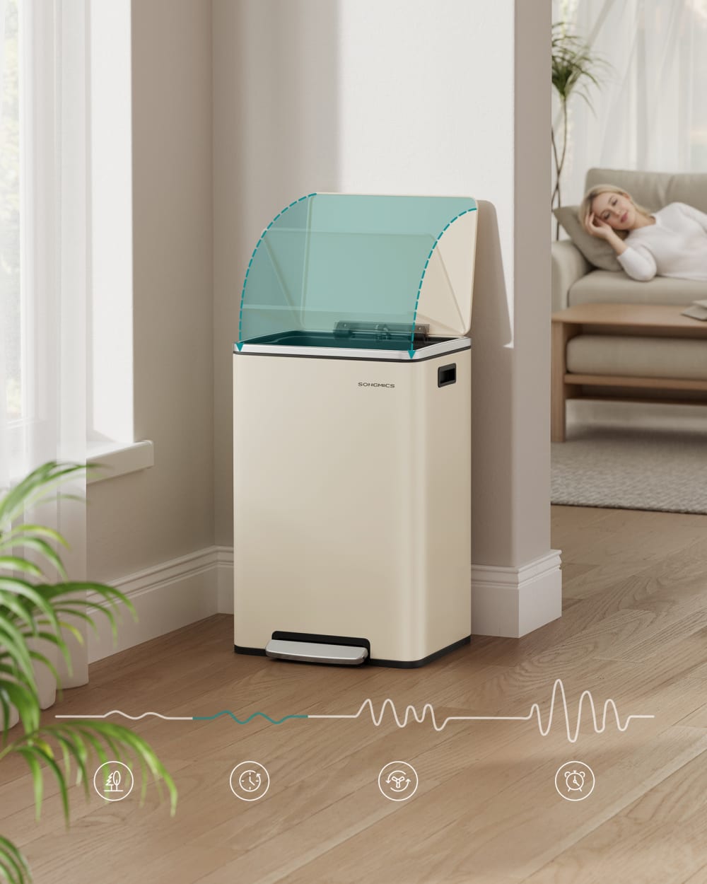 Poubelle 50 l 15 sacs poubelles avec couvercle poignées crème