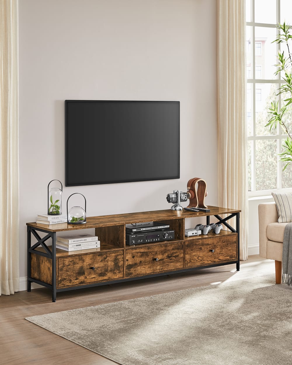 Meuble tv industriel avec 3 en tissu 178 x 40 x 50 cm marron et noir