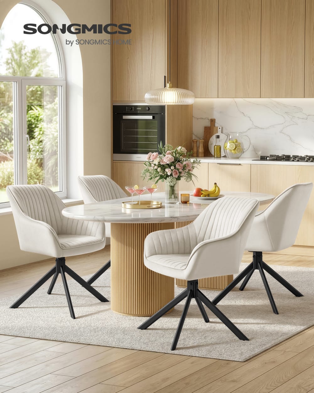 Chaises de cuisine pivotantes velours avec accoudoirs beige et noir