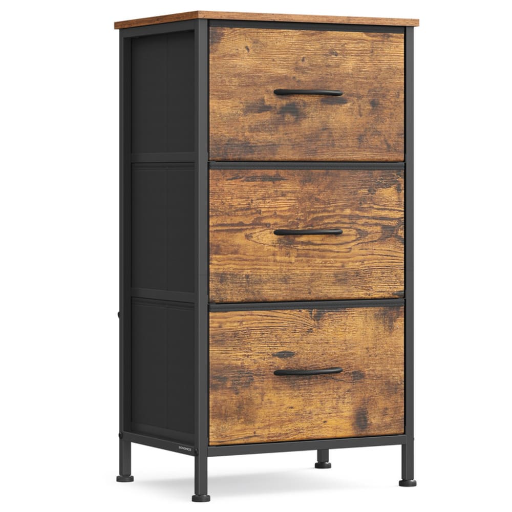 Commode à 3 tiroirs en tissu acier mdf tissu non tissé marron et noir