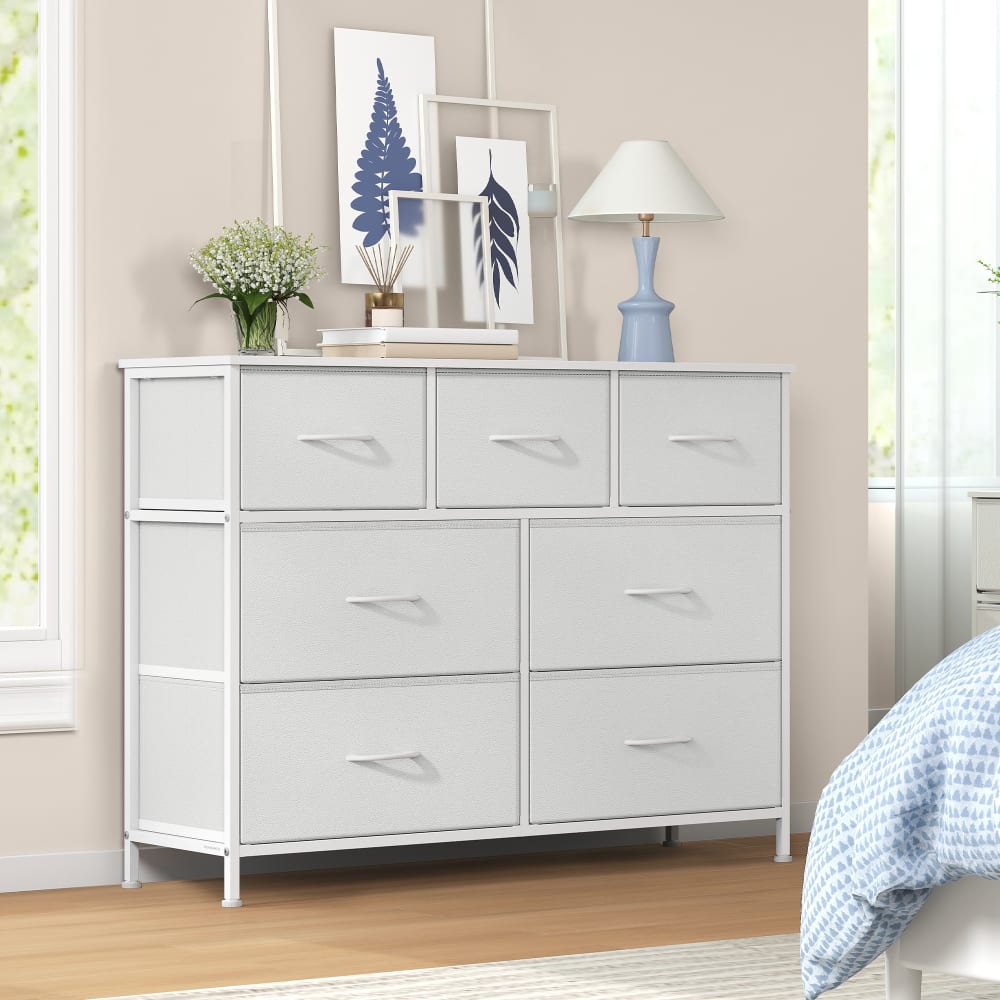 Commode 7 tiroirs acier panneau mdf tissu non-tissé blanc et blanc