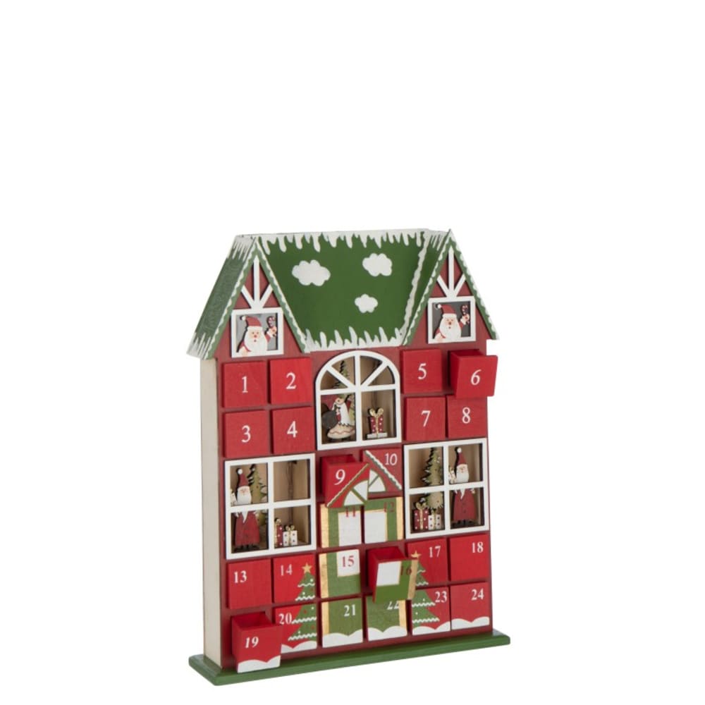 Calendrier de l'Avent maison à led en bois rouge 25.5x6.5x34.5 cm