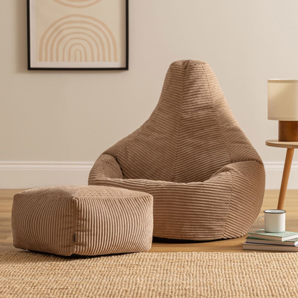 Pouf poire à dossier haut avec repose-pied velours côtelé brun moka