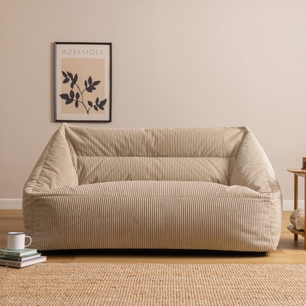 Pouf géant canapé de sol deux places en velours côtelé beige