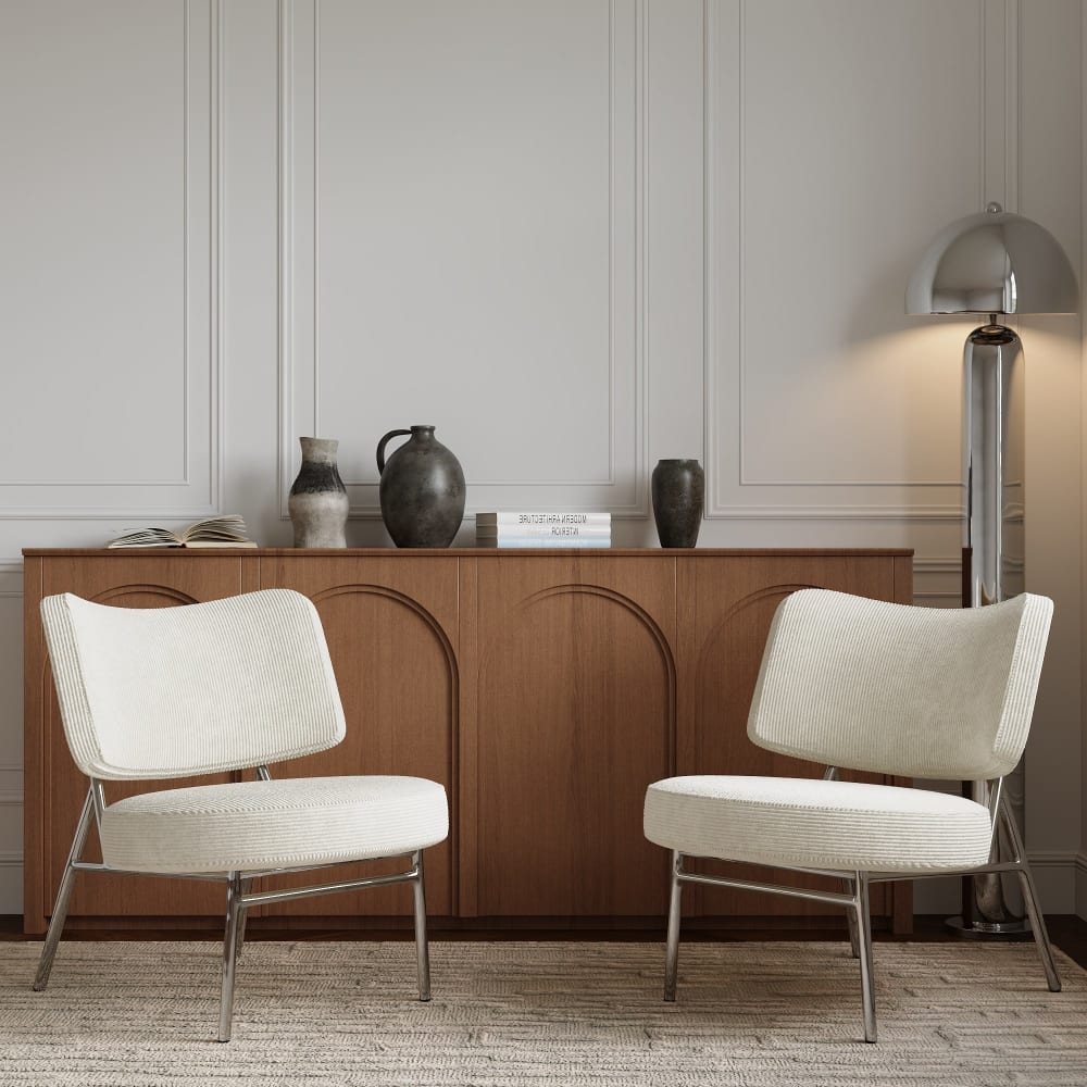 Fauteuil de salon en velours côtelé écru
