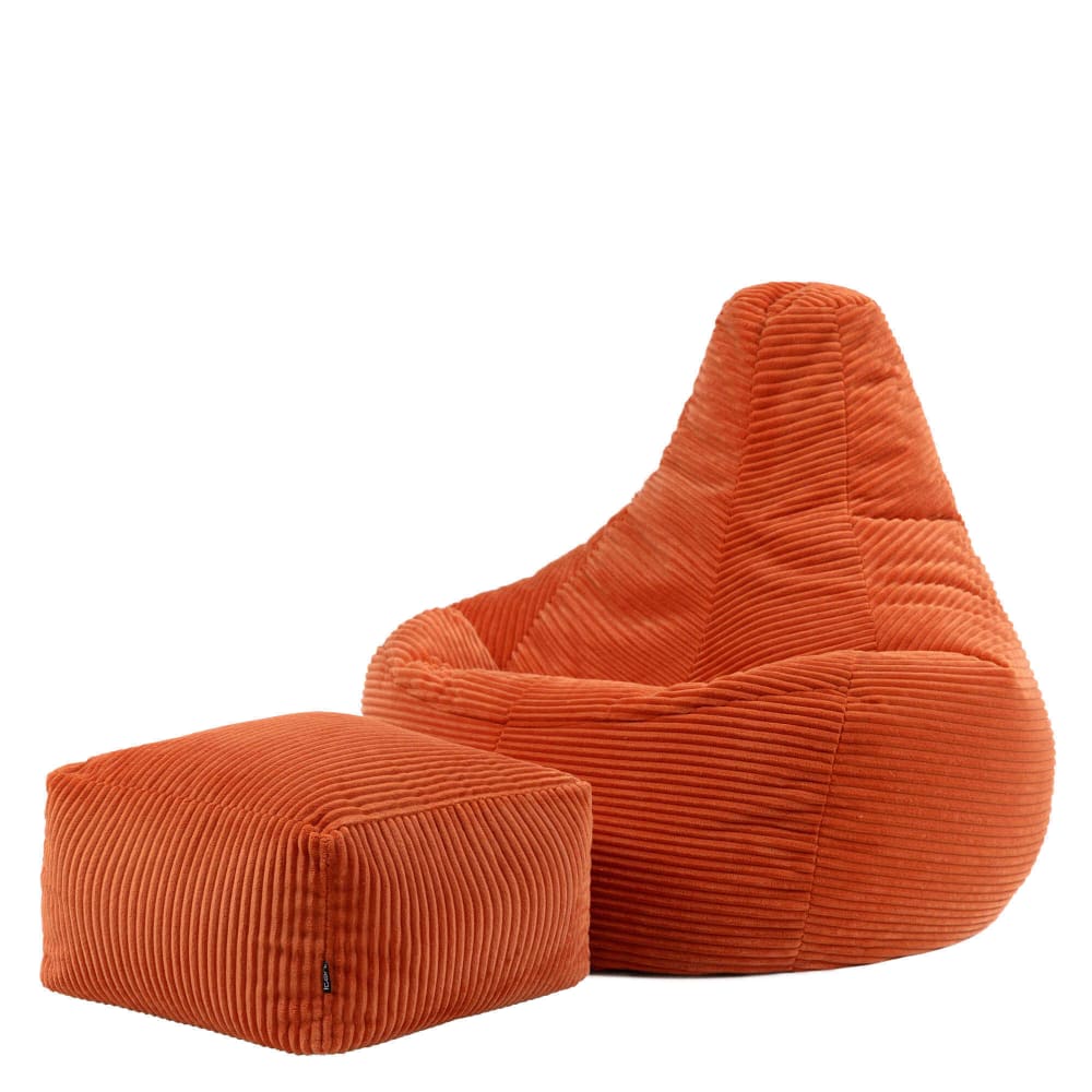 Pouf poire à dossier haut et repose-pied velours côtelé orange — Beyit