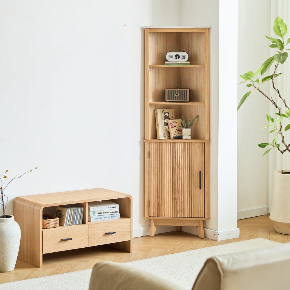 Colonne de rangement d'angle 1 porte 3 étagères en bois