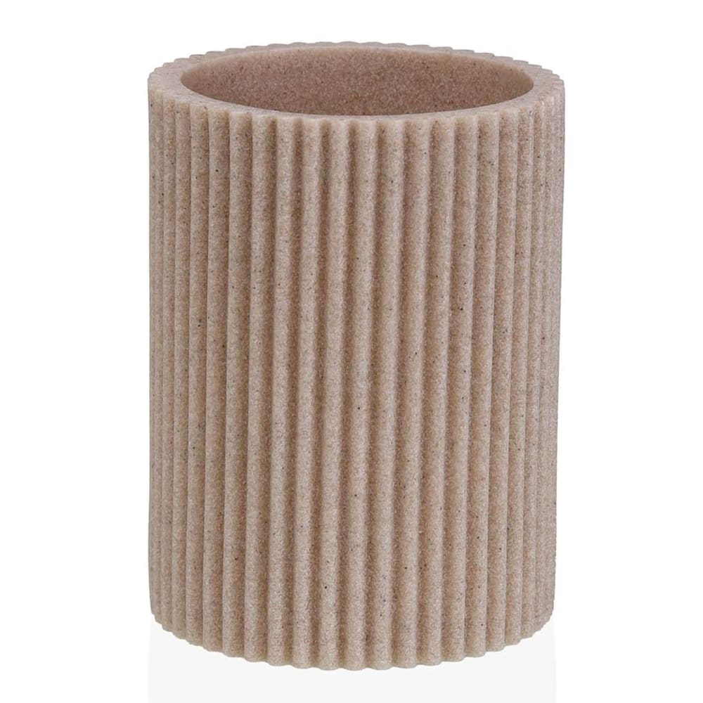 Porte brosse à dents en résine beige stries 7x7x10cm