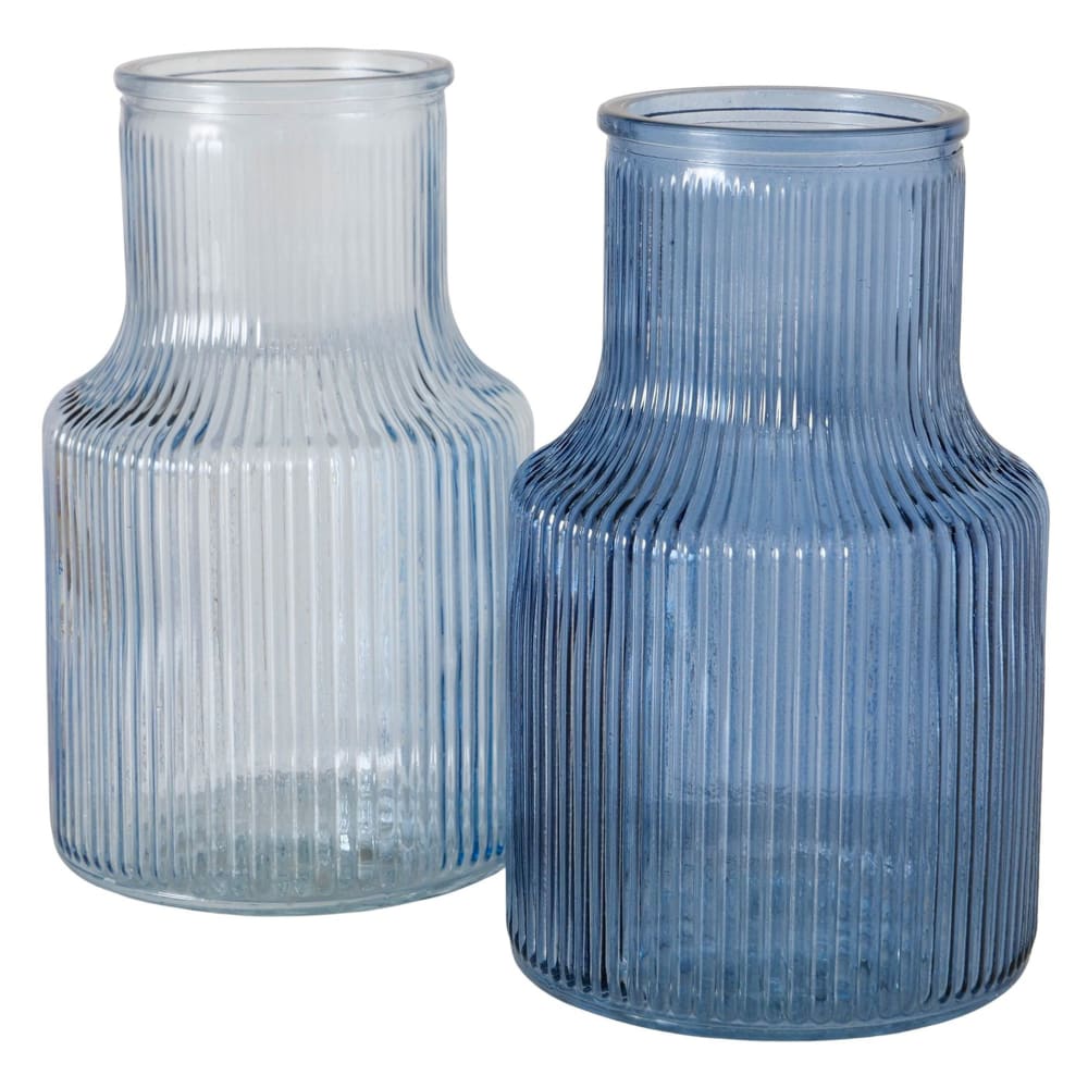 Set de 2 vases en verre strié bleu 9x9x14.5cm
